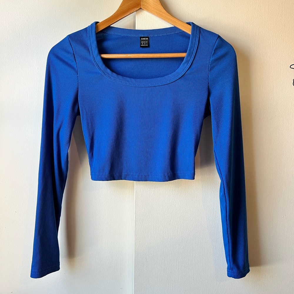 SHEIN Royal Blue Long Sleeve Crop Top Ribbed XS Womens